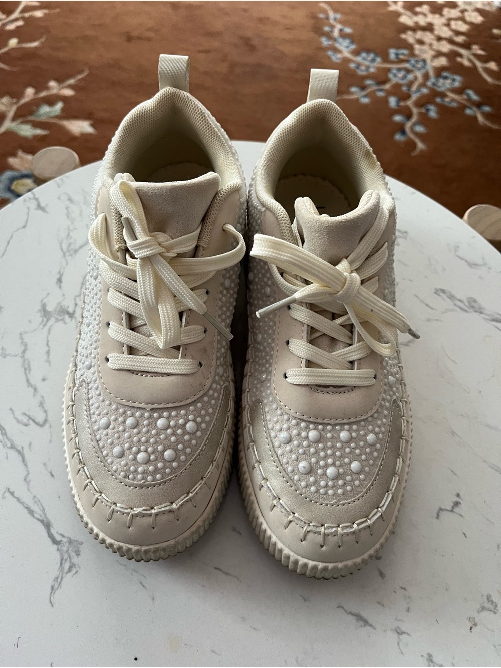 Nicole Miller Cream Pearl-Embellished Women's Sneakers